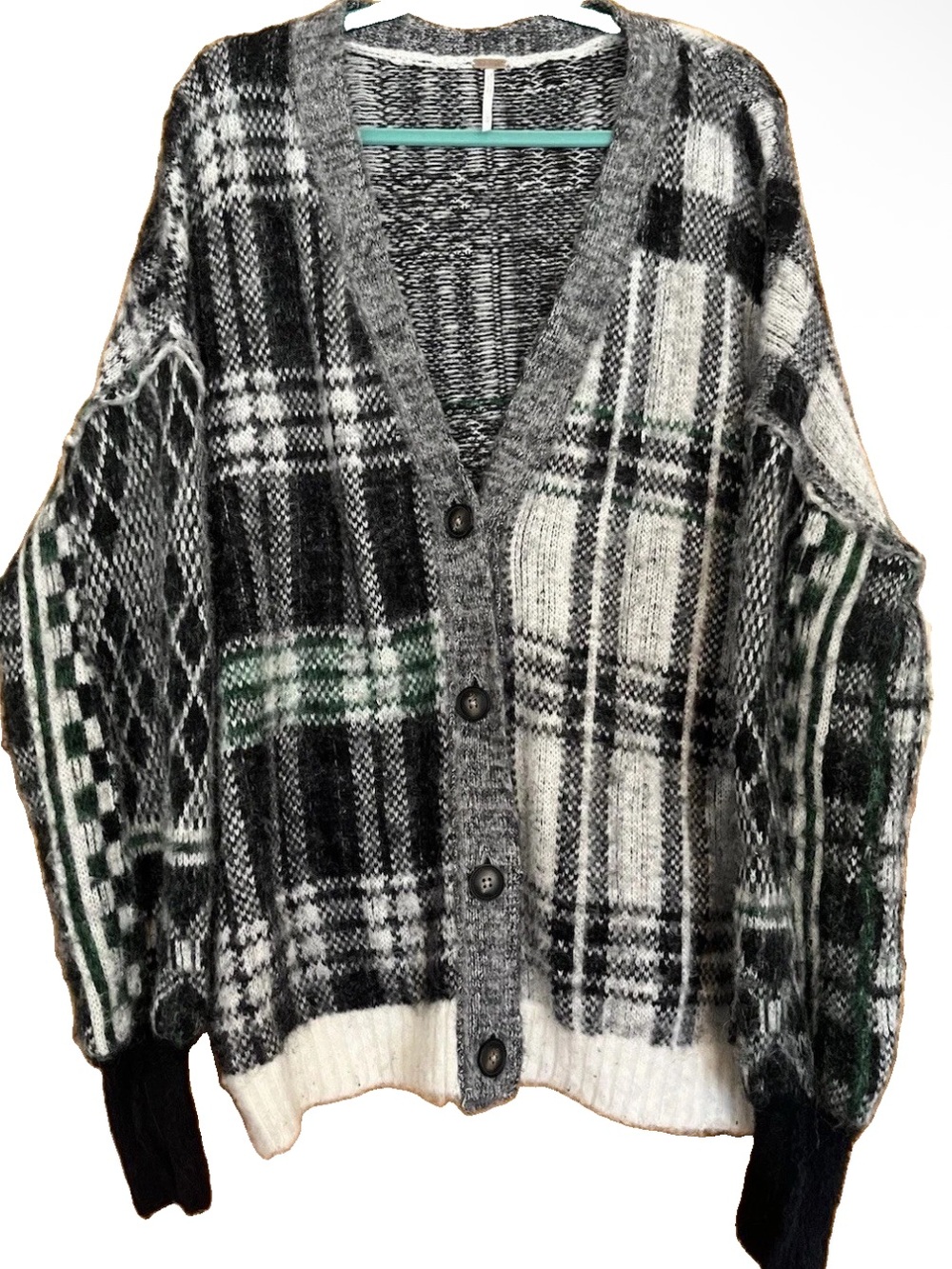 Free People Sepia Plaid Jacquard Oversize Cardigan Black White Green Size Medium